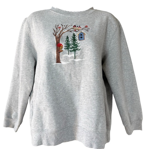 Vintage Sweatshirt L Cottagecore 90s Birds Winter Scene Basic Editions - Picture 1 of 4